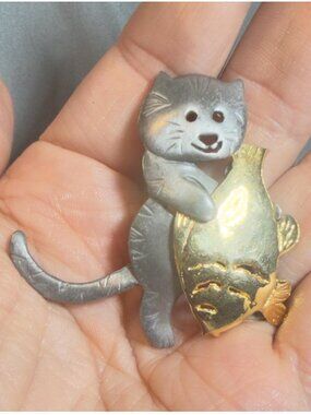 Ultracraft Vintage Cat Fish Brooch OOAK Mixed Metal Kitten 2.15"